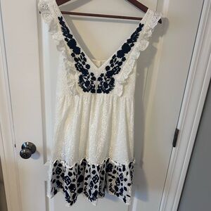 Anthropologie White Dress with Navy Floral Embroidery